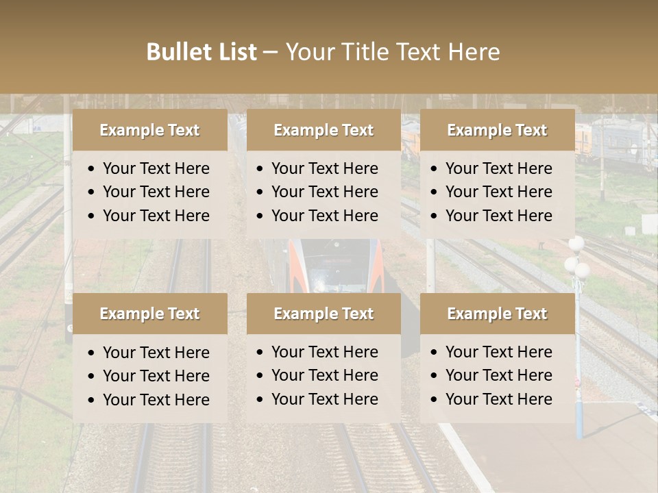 A Train Traveling Down Train Tracks Next To A Field PowerPoint Template