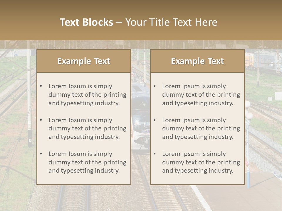 A Train Traveling Down Train Tracks Next To A Field PowerPoint Template