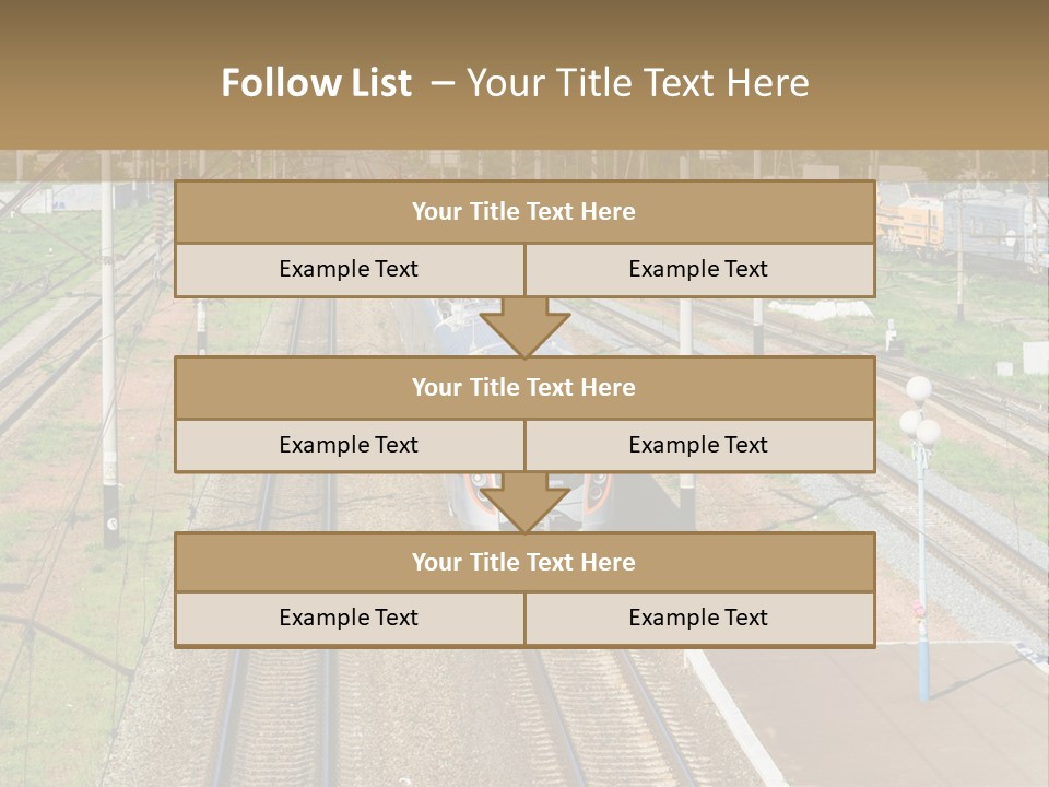 A Train Traveling Down Train Tracks Next To A Field PowerPoint Template