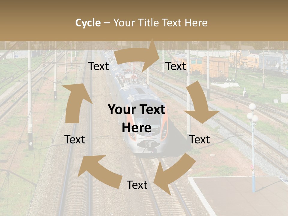 A Train Traveling Down Train Tracks Next To A Field PowerPoint Template