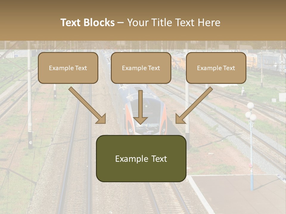 A Train Traveling Down Train Tracks Next To A Field PowerPoint Template