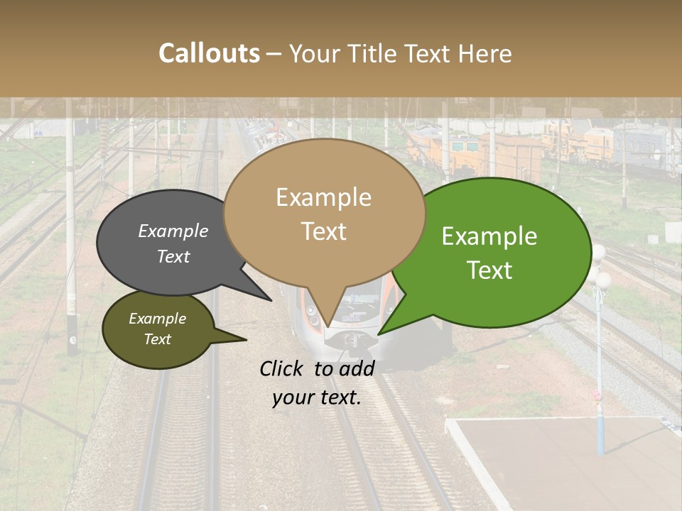 A Train Traveling Down Train Tracks Next To A Field PowerPoint Template
