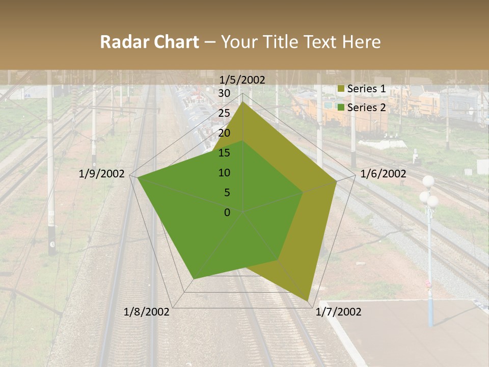 A Train Traveling Down Train Tracks Next To A Field PowerPoint Template