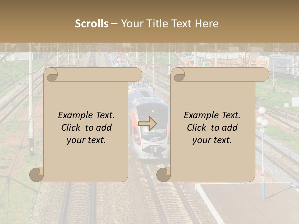 A Train Traveling Down Train Tracks Next To A Field PowerPoint Template