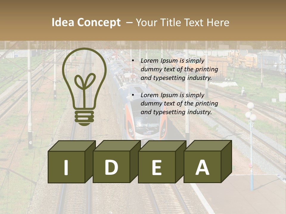 A Train Traveling Down Train Tracks Next To A Field PowerPoint Template