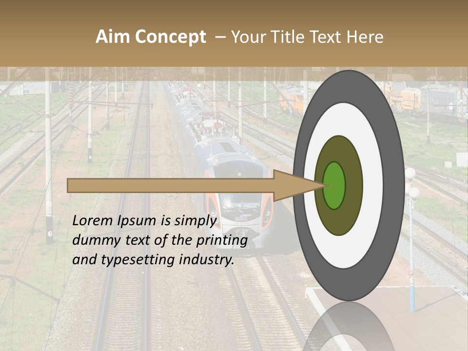 A Train Traveling Down Train Tracks Next To A Field PowerPoint Template
