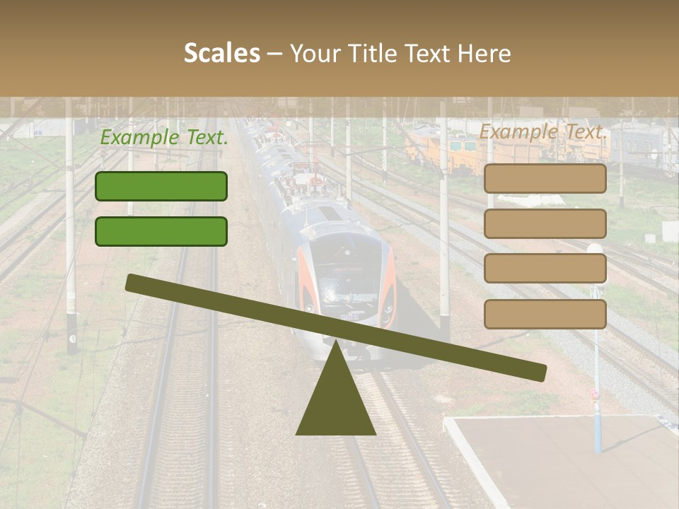 A Train Traveling Down Train Tracks Next To A Field PowerPoint Template