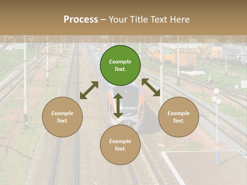 A Train Traveling Down Train Tracks Next To A Field PowerPoint Template