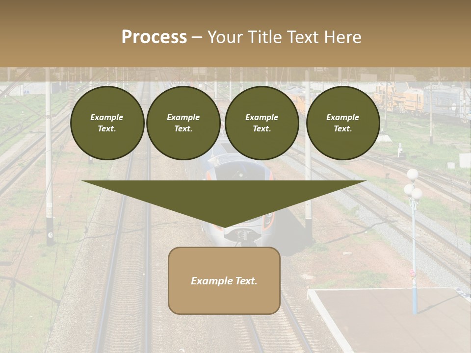 A Train Traveling Down Train Tracks Next To A Field PowerPoint Template
