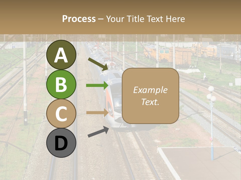 A Train Traveling Down Train Tracks Next To A Field PowerPoint Template