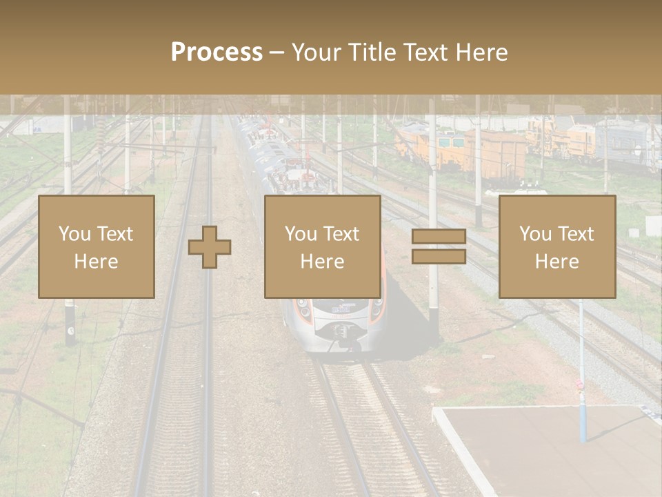 A Train Traveling Down Train Tracks Next To A Field PowerPoint Template