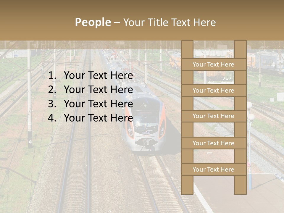 A Train Traveling Down Train Tracks Next To A Field PowerPoint Template