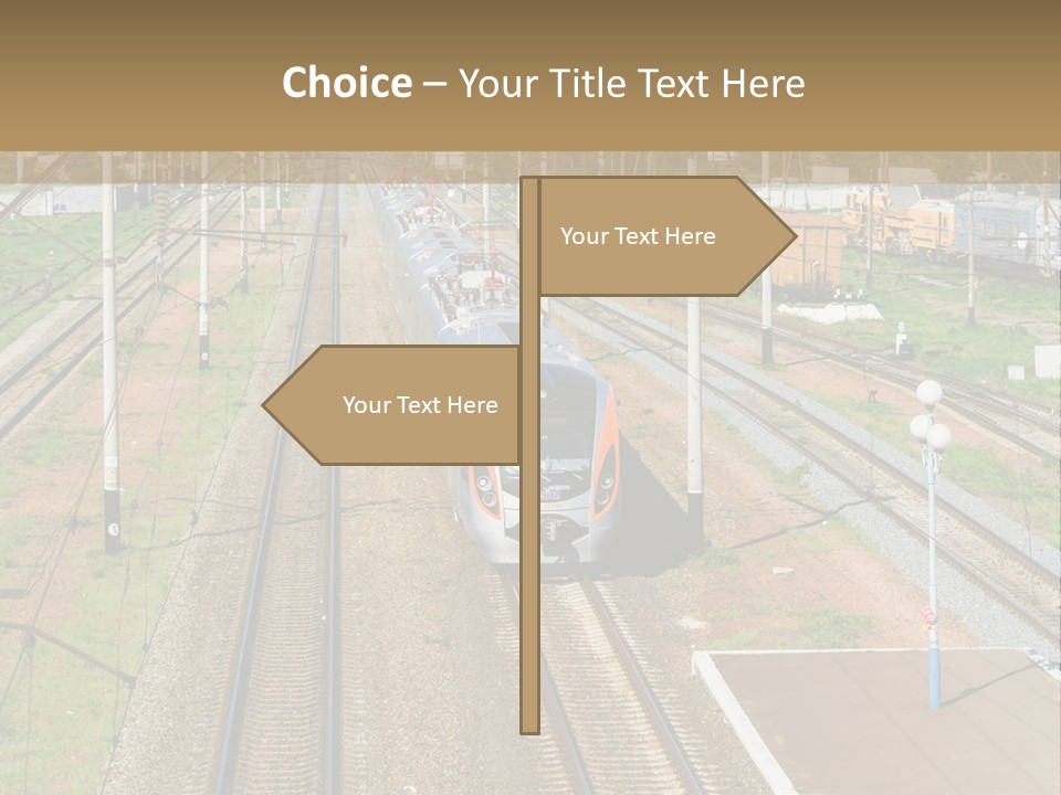 A Train Traveling Down Train Tracks Next To A Field PowerPoint Template