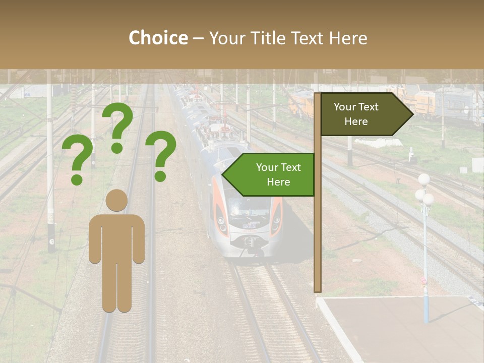 A Train Traveling Down Train Tracks Next To A Field PowerPoint Template