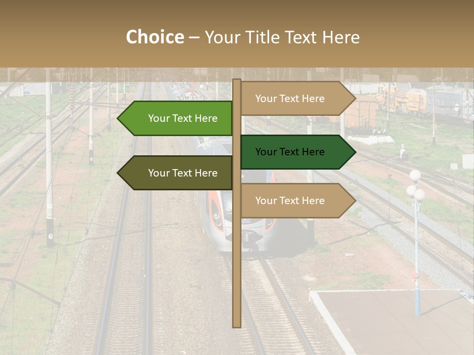 A Train Traveling Down Train Tracks Next To A Field PowerPoint Template