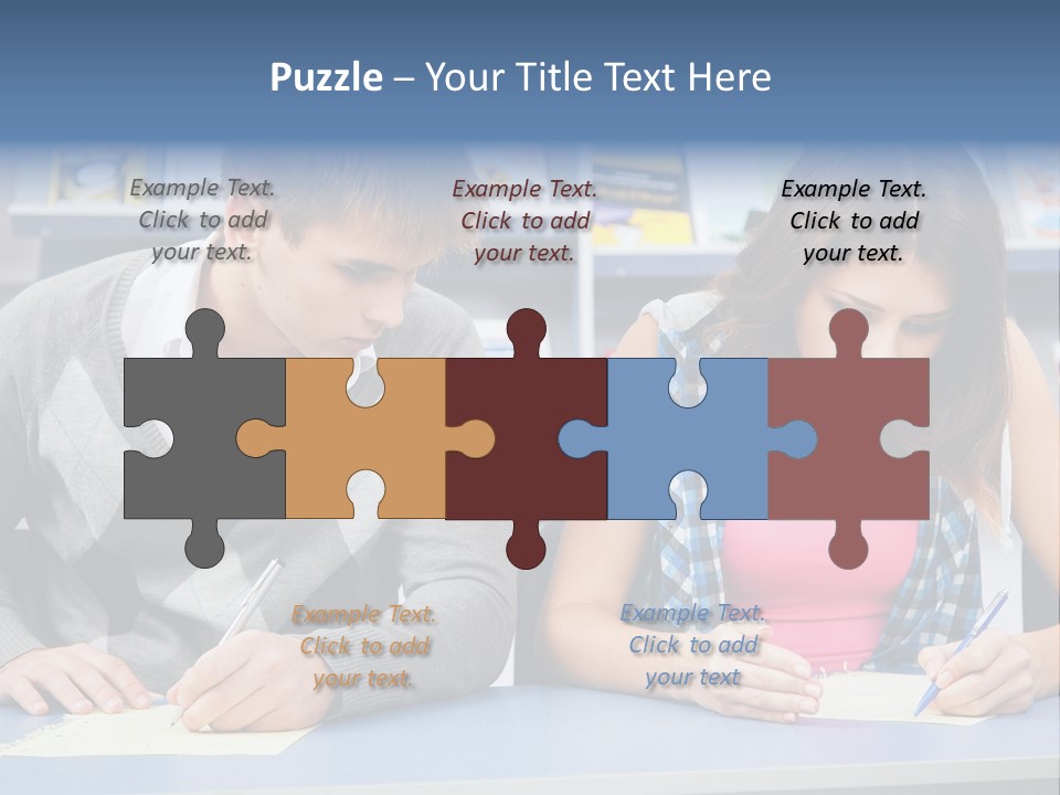 A Man And A Woman Sitting At A Table Writing PowerPoint Template