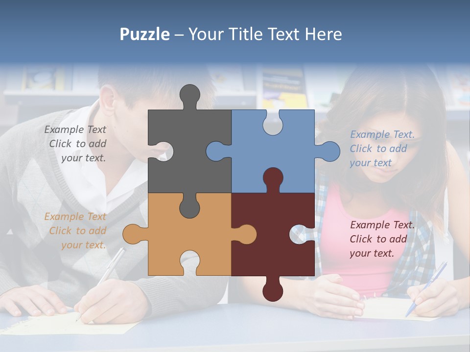 A Man And A Woman Sitting At A Table Writing PowerPoint Template