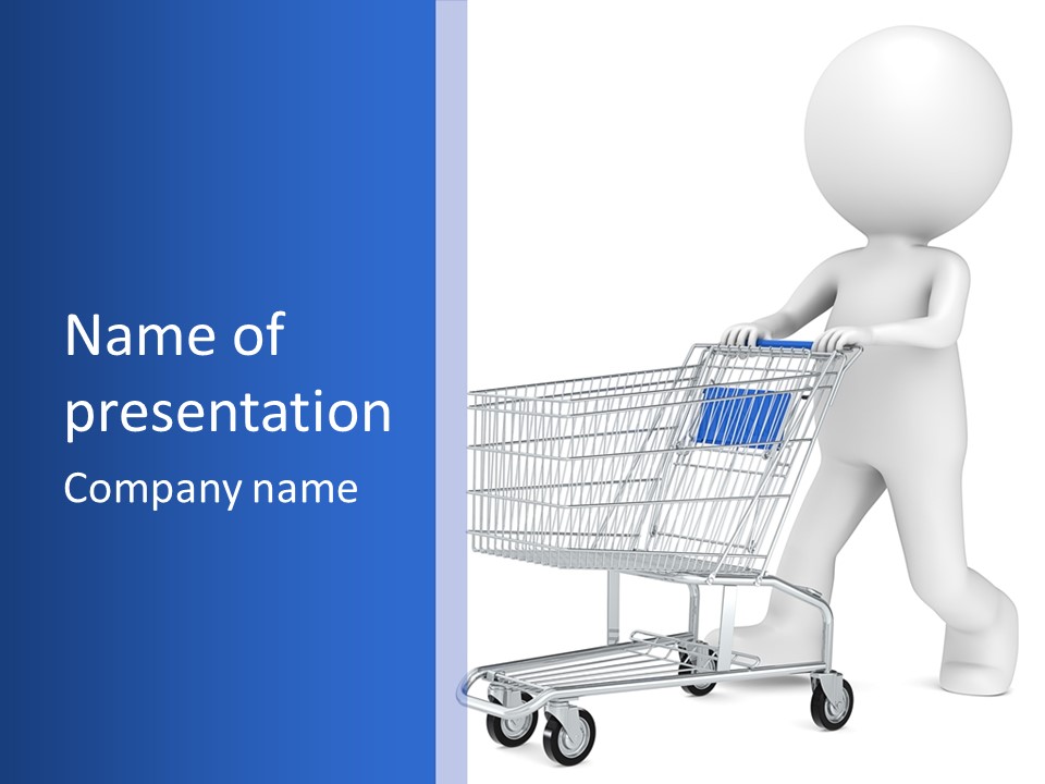 A Person Pushing A Shopping Cart With A Blue Label On It PowerPoint Template
