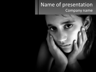 A Black And White Photo Of A Girl With Her Hands On Her Face PowerPoint Template