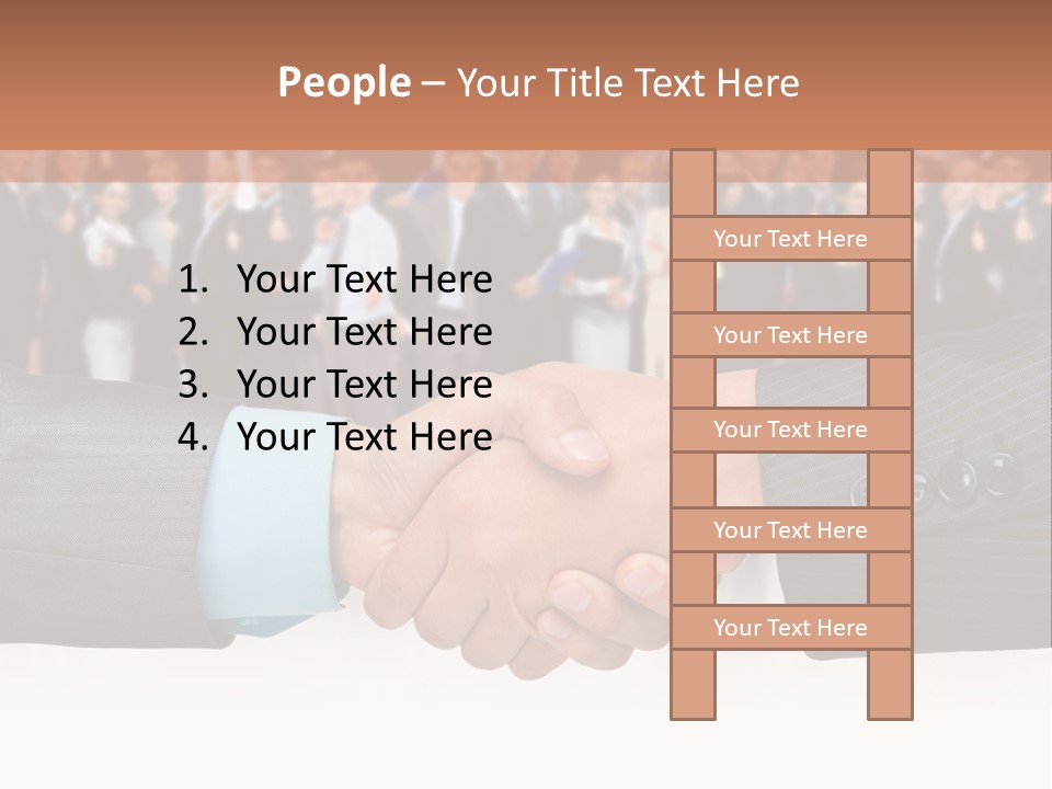 Two Men Shaking Hands In Front Of A Group Of People PowerPoint Template