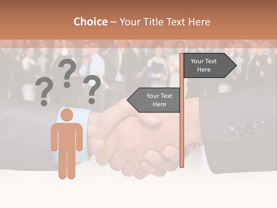 Two Men Shaking Hands In Front Of A Group Of People PowerPoint Template