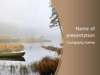 A Boat On A Lake With Fog In The Background PowerPoint Template