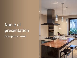 A Kitchen With A Center Island And A Stove Top Oven PowerPoint Template