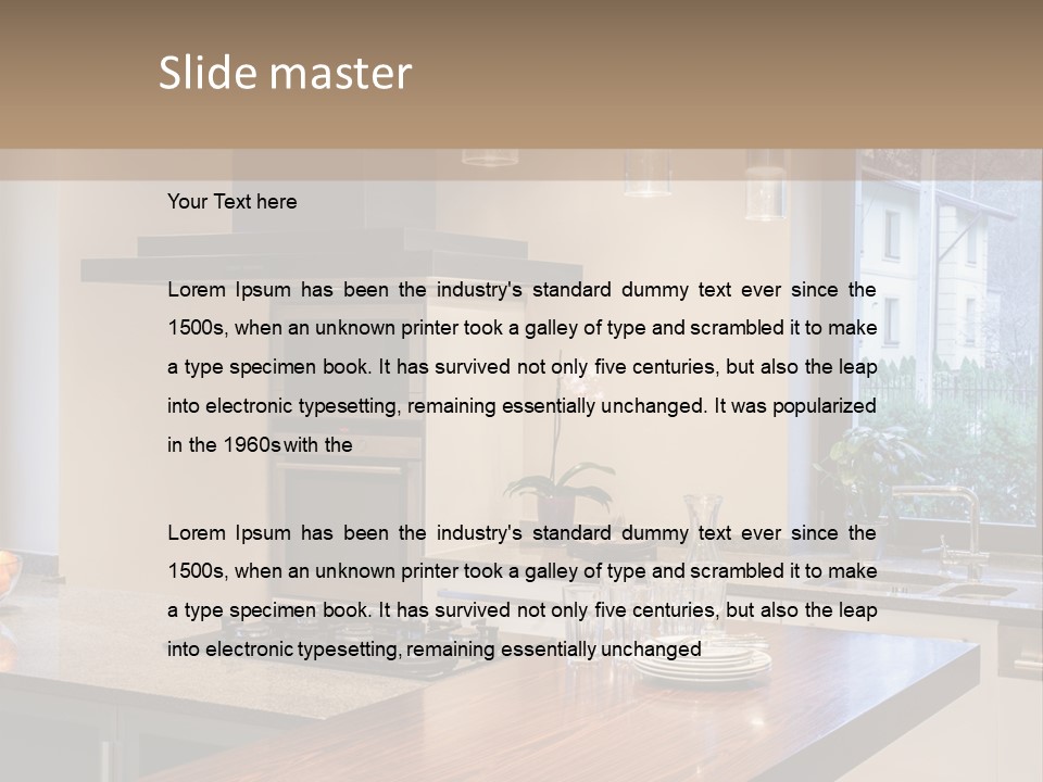 A Kitchen With A Center Island And A Stove Top Oven PowerPoint Template