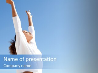 A Woman In A White Shirt Is Reaching Up To The Sky PowerPoint Template