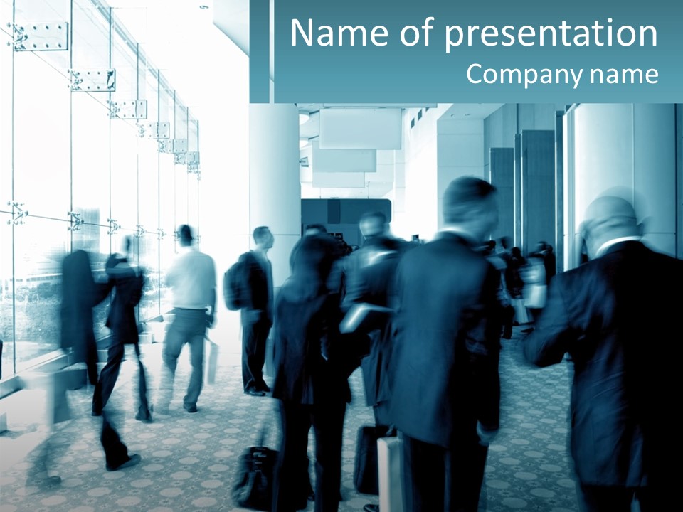 A Group Of People Standing In A Lobby PowerPoint Template