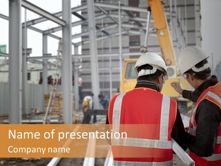 Two Men In Safety Vests Standing In Front Of A Construction Site PowerPoint Template