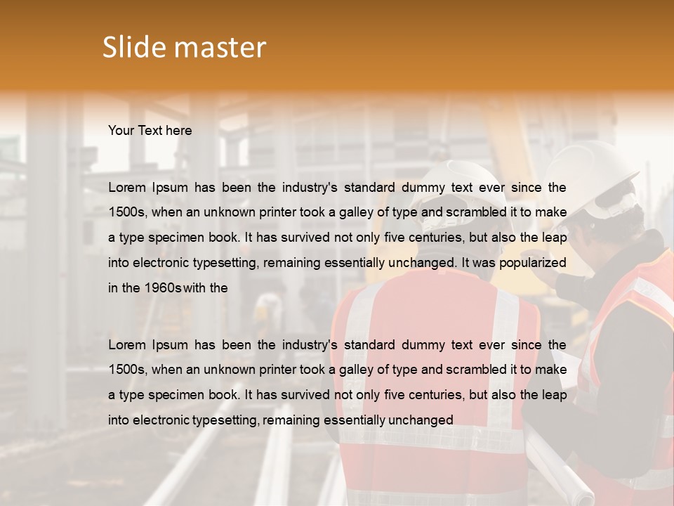 Two Men In Safety Vests Standing In Front Of A Construction Site PowerPoint Template