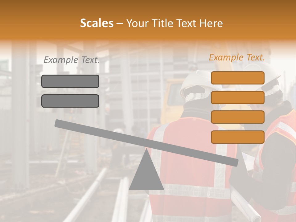 Two Men In Safety Vests Standing In Front Of A Construction Site PowerPoint Template