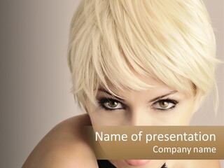 A Woman With Blonde Hair Is Posing For A Picture PowerPoint Template