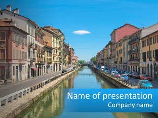 A River Running Through A City Next To Tall Buildings PowerPoint Template