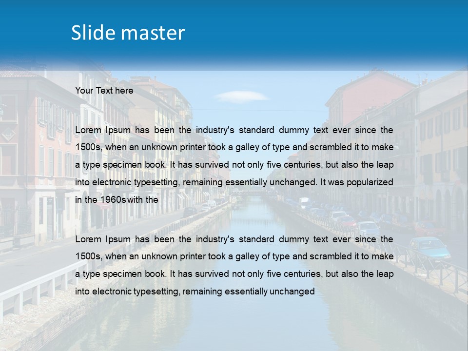 A River Running Through A City Next To Tall Buildings PowerPoint Template