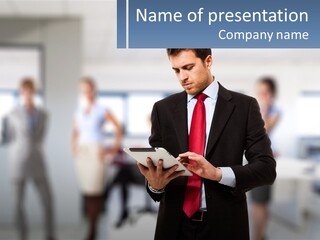 A Man In A Business Suit Holding A Tablet PowerPoint Template