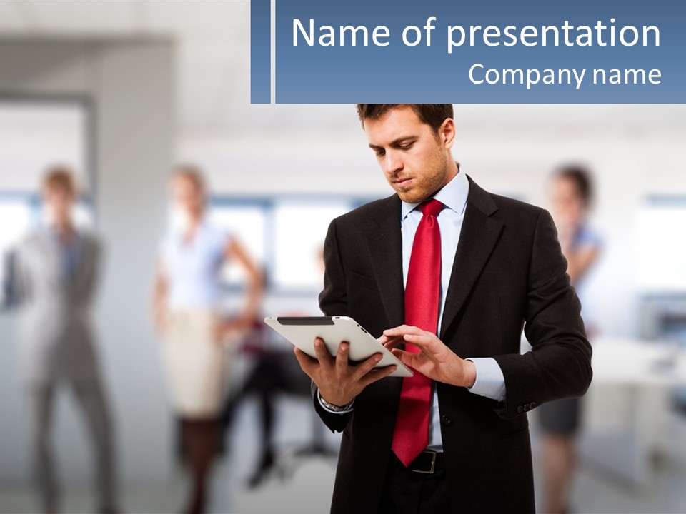A Man In A Business Suit Holding A Tablet PowerPoint Template
