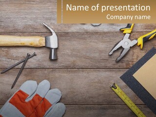 A Wooden Table Topped With Tools And Paper PowerPoint Template