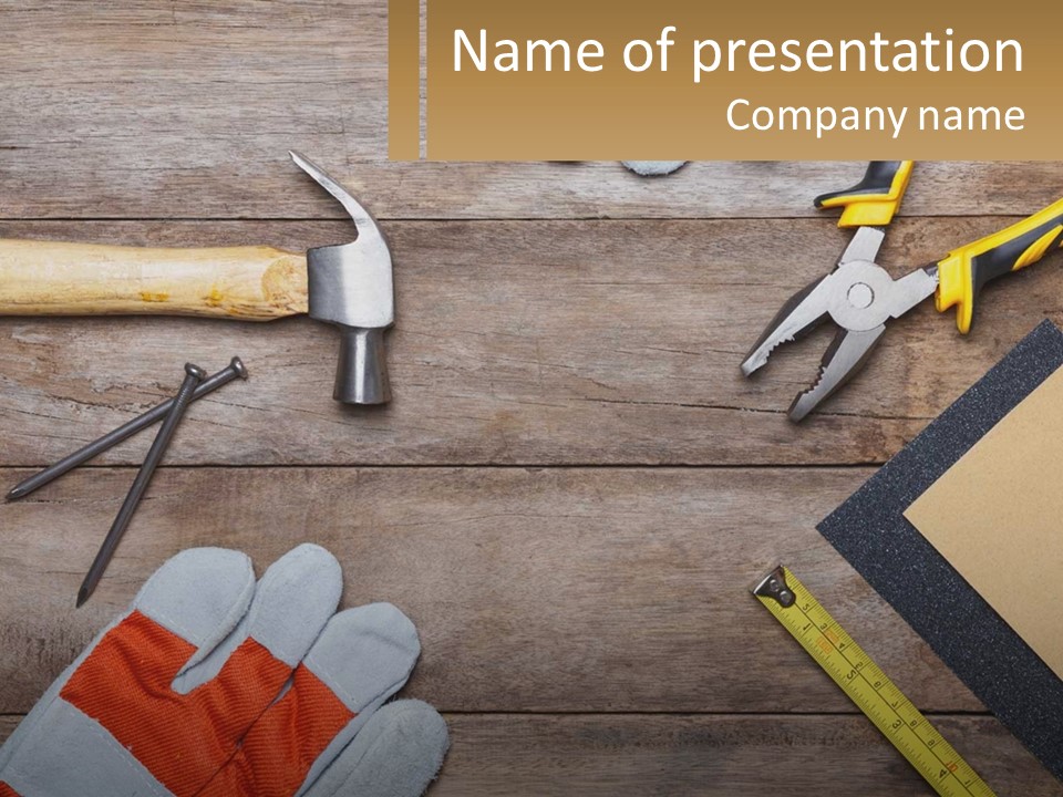 A Wooden Table Topped With Tools And Paper PowerPoint Template