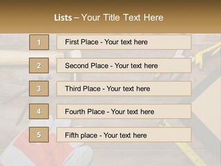 A Wooden Table Topped With Tools And Paper PowerPoint Template