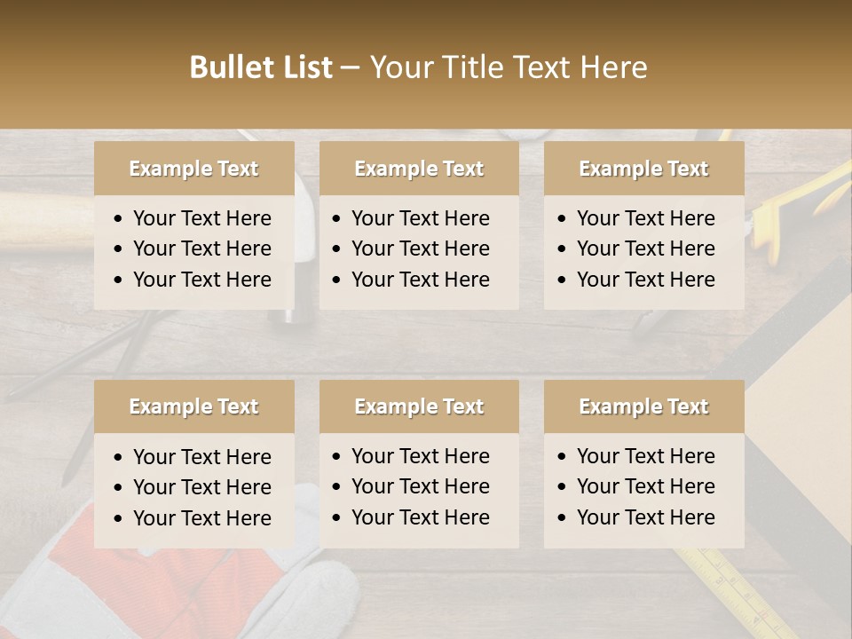 A Wooden Table Topped With Tools And Paper PowerPoint Template