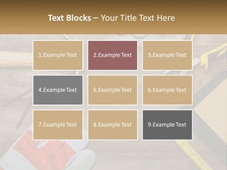 A Wooden Table Topped With Tools And Paper PowerPoint Template