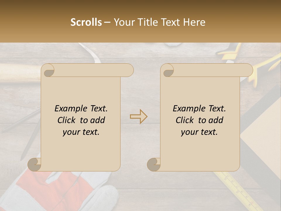 A Wooden Table Topped With Tools And Paper PowerPoint Template