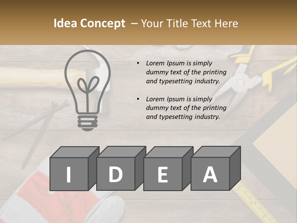 A Wooden Table Topped With Tools And Paper PowerPoint Template