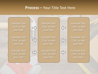 A Wooden Table Topped With Tools And Paper PowerPoint Template