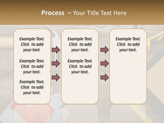 A Wooden Table Topped With Tools And Paper PowerPoint Template