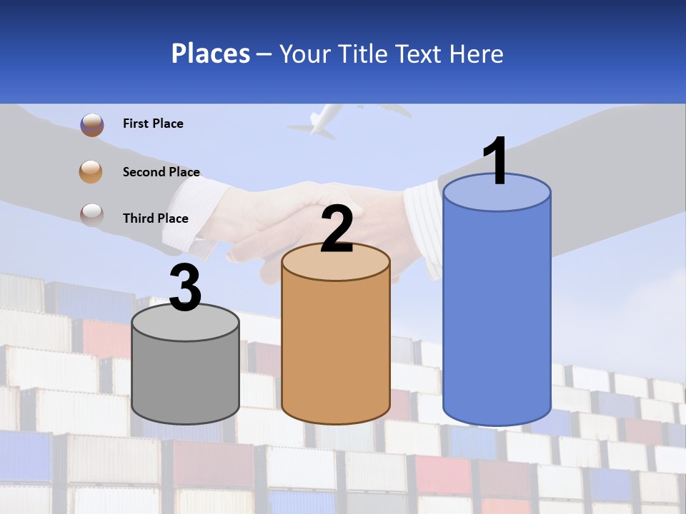 Two People Shaking Hands In Front Of A Wall Of Shipping Containers PowerPoint Template