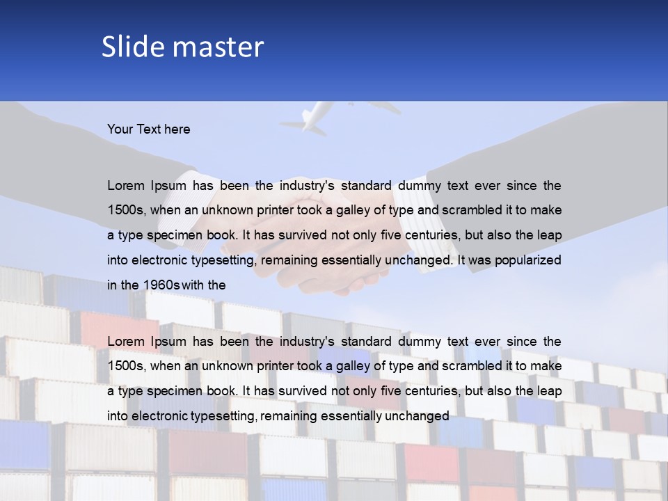 Two People Shaking Hands In Front Of A Wall Of Shipping Containers PowerPoint Template