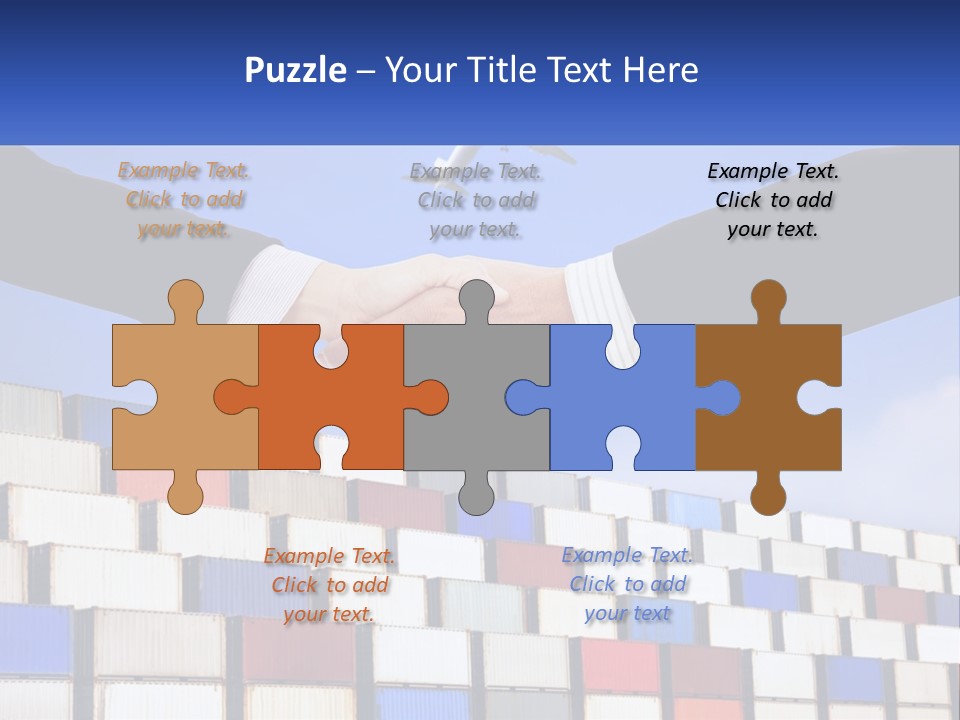 Two People Shaking Hands In Front Of A Wall Of Shipping Containers PowerPoint Template